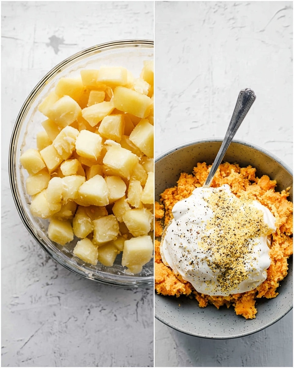 The left side of the image shows a clear glass bowl filled with small, pale yellow, soft potato cubes with a slightly waxy texture, sitting on a white marbled surface. The right side shows a gray bowl containing three main layers: an orange mashed ingredient that looks crumbly at the base, a thick white creamy layer on top of part of the orange base, and a dollop of coarse yellow mustard cream mixed with black pepper sprinkled on top, all resting on a white marbled surface with a spoon inside the bowl. photo taken with an iphone --ar 4:5 --v 7