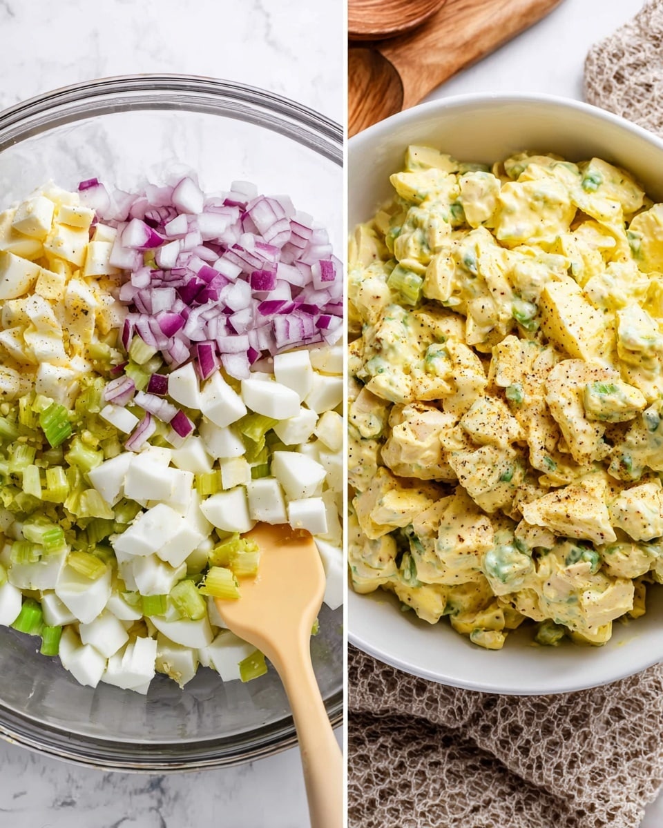 The image shows two side-by-side views of egg salad preparation. On the left, a clear glass bowl holds chopped ingredients for the salad layered loosely on top of each other: finely chopped red onion on the left side, small pieces of green celery on the right, white chopped hard-boiled eggs in the center and top right, with some diced pickles and a creamy yellow dressing visible under the veggies. A wooden spoon with a silicone yellow-beige spatula is resting inside the bowl. On the right, the finished egg salad is served in a white bowl with folded textured cloth underneath. The salad is creamy and chunky with yellow egg pieces mixed with green celery and tiny bits of red onion, all coated in a light yellow dressing and topped with a light sprinkle of black pepper. The background is a white marbled texture with a wooden spoon blurred in the top corner. Photo taken with an iphone --ar 4:5 --v 7