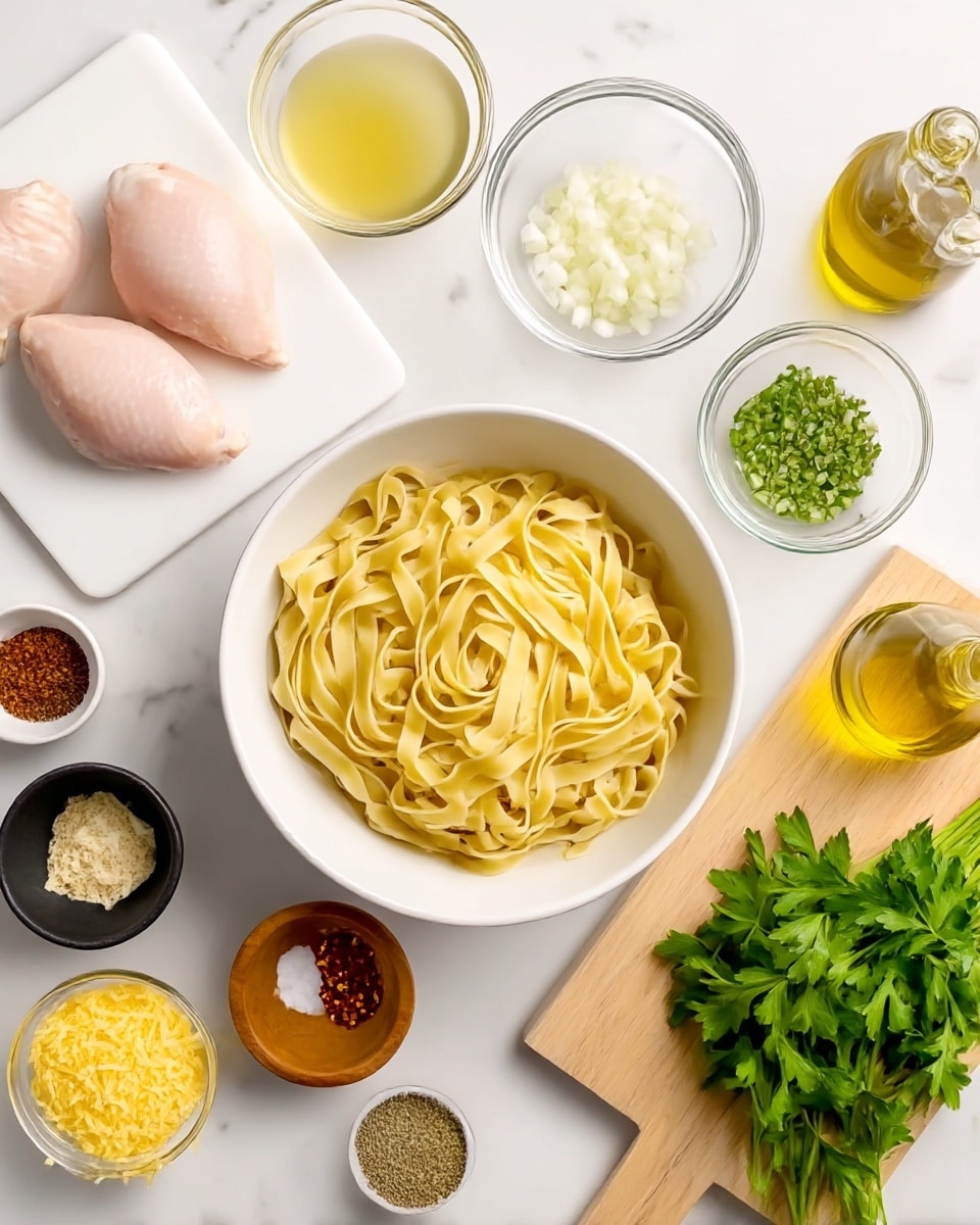 In the image, a white bowl filled with light yellow cooked fettuccine pasta sits in the center, showing thin, smooth, and slightly twisted layers. To the left, there is a white cutting board with two raw chicken pieces, pale pink and smooth. Surrounding the bowl are small clear glass and ceramic bowls holding different ingredients: a clear bowl with light yellow broth, a small bowl with diced white onions, a bowl with finely chopped green peppers, a small black bowl with minced garlic, and a wooden bowl filled with finely grated yellow cheese. There are also small bowls containing pepper, herbs, and red pepper flakes, along with a small glass container of golden olive oil. On the right side, fresh green parsley is resting on a light wooden cutting board, all placed on a white marbled surface. Photo taken with an iphone --ar 4:5 --v 7