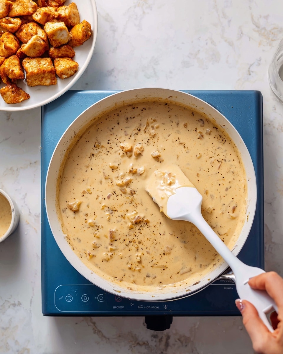The image shows a close-up of a white skillet on a blue electric stove, filled with a creamy light brown sauce that has small chunks of onions and spices floating on the surface. A woman's hand is stirring the sauce with a white spatula from the right side of the frame. To the upper left, there is a white plate holding bite-sized pieces of browned cooked chicken. The skillet and plate are set on a white marbled surface. Photo taken with an iphone --ar 4:5 --v 7