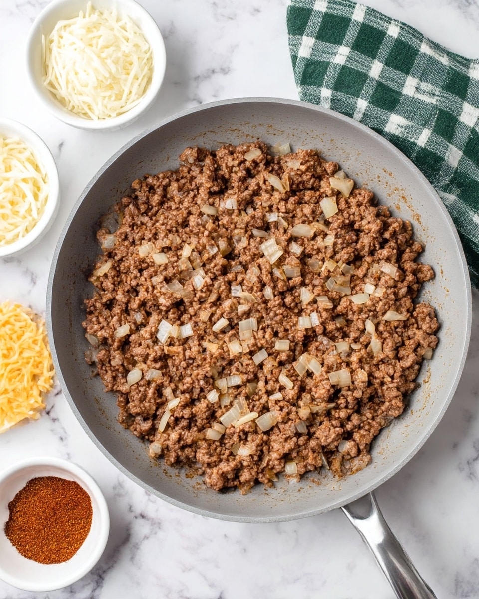 A large gray frying pan holds browned ground meat mixed with small pieces of cooked white onion evenly spread across the pan. Around the pan, on a white marbled surface, there are three small white bowls—one with shredded white cheese, one with shredded light yellow cheese, and a third with a reddish spice powder. A green and white checkered cloth is partially under the pan handle. Photo taken with an iphone --ar 4:5 --v 7