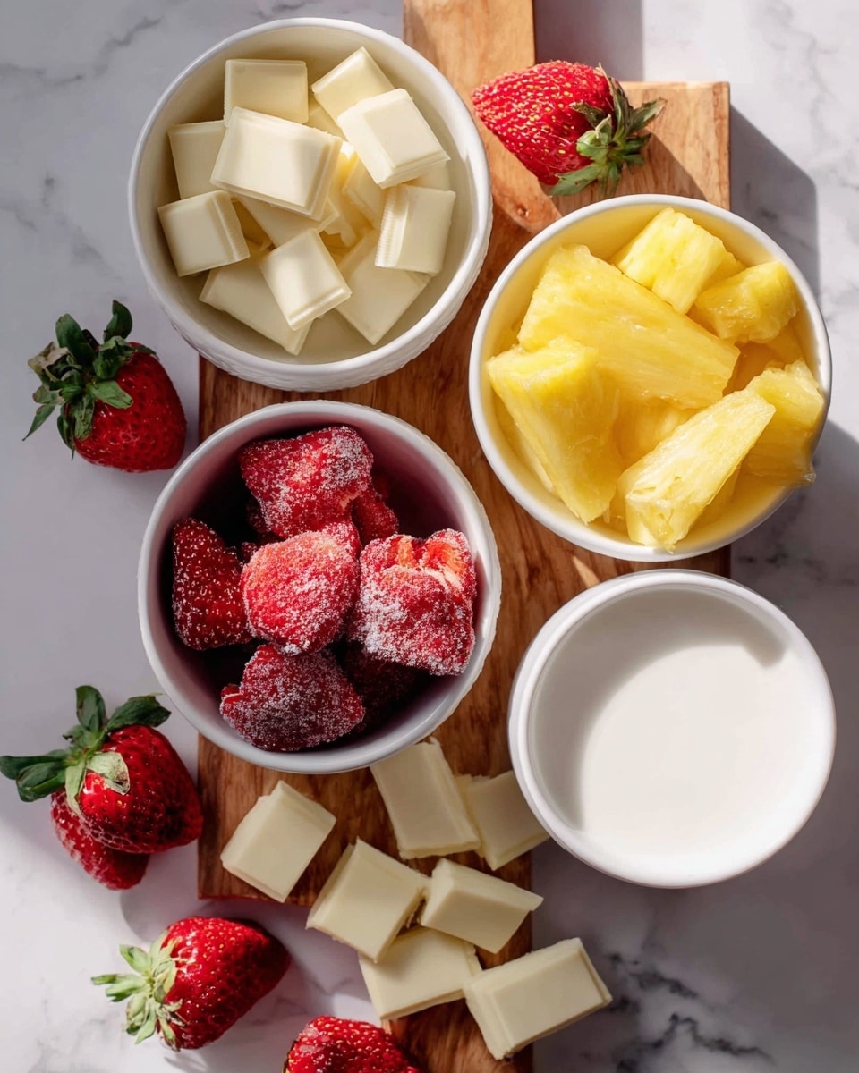 The image shows a top view of a wooden board on a white marbled background with four white bowls arranged in a rough square. The top left bowl has small, square pieces of white chocolate, creamy and smooth with a pale yellow color. The top right bowl is filled with bright yellow pineapple chunks that look juicy and textured. The bottom left bowl contains frozen strawberries, red with a frosty coating giving a rough texture. The bottom right container is a white cup filled with smooth, white coconut milk. Around the board, there are scattered fresh whole strawberries with green leaves and some pieces of pineapple and white chocolate. The lighting is bright and natural, creating soft shadows. Photo taken with an iphone --ar 4:5 --v 7