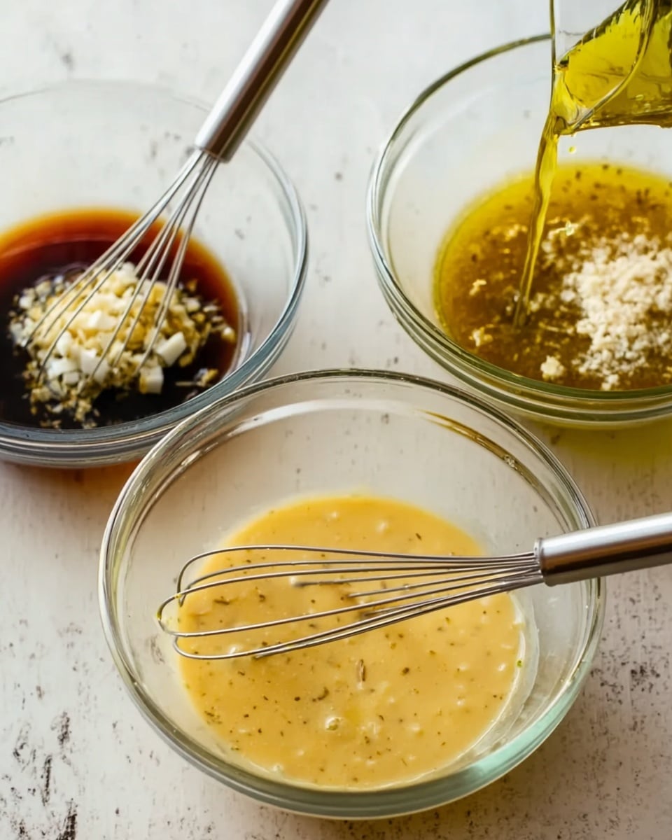 The image shows three clear glass mixing bowls on a white marbled surface, each bowl holding different stages of a sauce mix. The first bowl on the left contains three layers: dark brown soy sauce, pale beige mustard, and chopped pale white garlic, with a metal whisk handle visible beneath. The middle bowl shows the mustard and soy sauce mixture being whisked while a woman's hand pours golden olive oil into it. The bowl is halfway filled with a thick beige mixture. The third bowl on the right displays the final blend, a smooth yellowish sauce with some small bits, warmly lit and glossy, with a metal whisk resting inside. Photo taken with an iphone --ar 4:5 --v 7