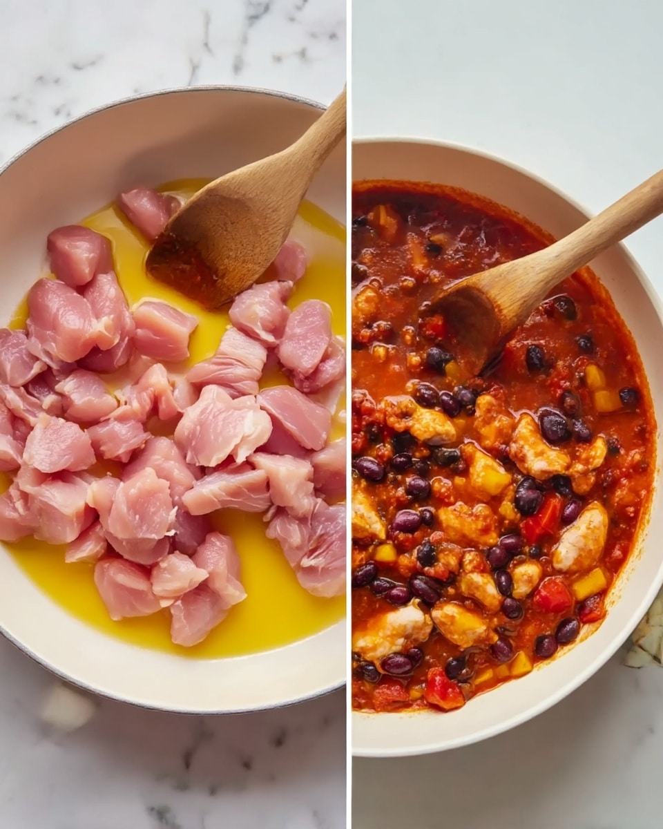 The image shows two white pans on a white marbled surface. The first white pan on the left contains raw, pink chunks of chicken placed over a drizzle of yellow oil; a light wooden spoon rests in the pan, stirring the chicken. The second white pan on the right is filled with a thick, orange-red sauce with visible pieces of cooked chicken, black beans, and chunks of red and yellow bell peppers; a wooden spoon is stirring the mixture in the pan. Photo taken with an iphone --ar 4:5 --v 7
