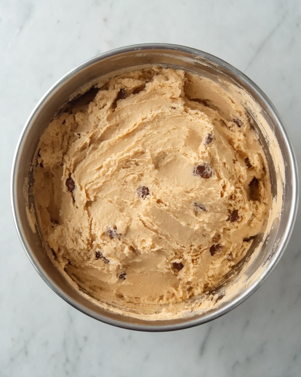 The image shows a close-up top view of a large silver metal bowl filled with smooth, light brown cookie dough. The dough has a soft, creamy texture with some small darker chocolate spots mixed in. The bowl is placed on a white marbled surface, and the dough fills most of the bowl, looking fluffy and ready to bake. photo taken with an iphone --ar 4:5 --v 7