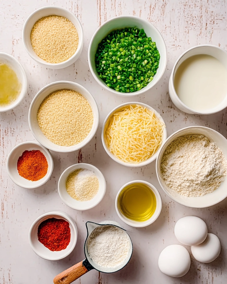 The image shows a variety of ingredients neatly placed on a white marbled surface. There are nine white bowls and one white cup, each holding different ingredients: one bowl contains beige breadcrumbs, a second bowl is filled with finely chopped bright green peppers, a third bowl holds shredded pale yellow cheese. A white cup is filled with white milk. Small white bowls hold colorful spices, including orange-red paprika, light yellow seasoning, and white salt. There is a measuring cup with white flour, with a woman's hand holding the wooden handle. Two whole white eggs sit beside it, and a white bowl with golden yellow olive oil is present. The arrangement is clean and organized, with a top-down view. photo taken with an iphone --ar 4:5 --v 7