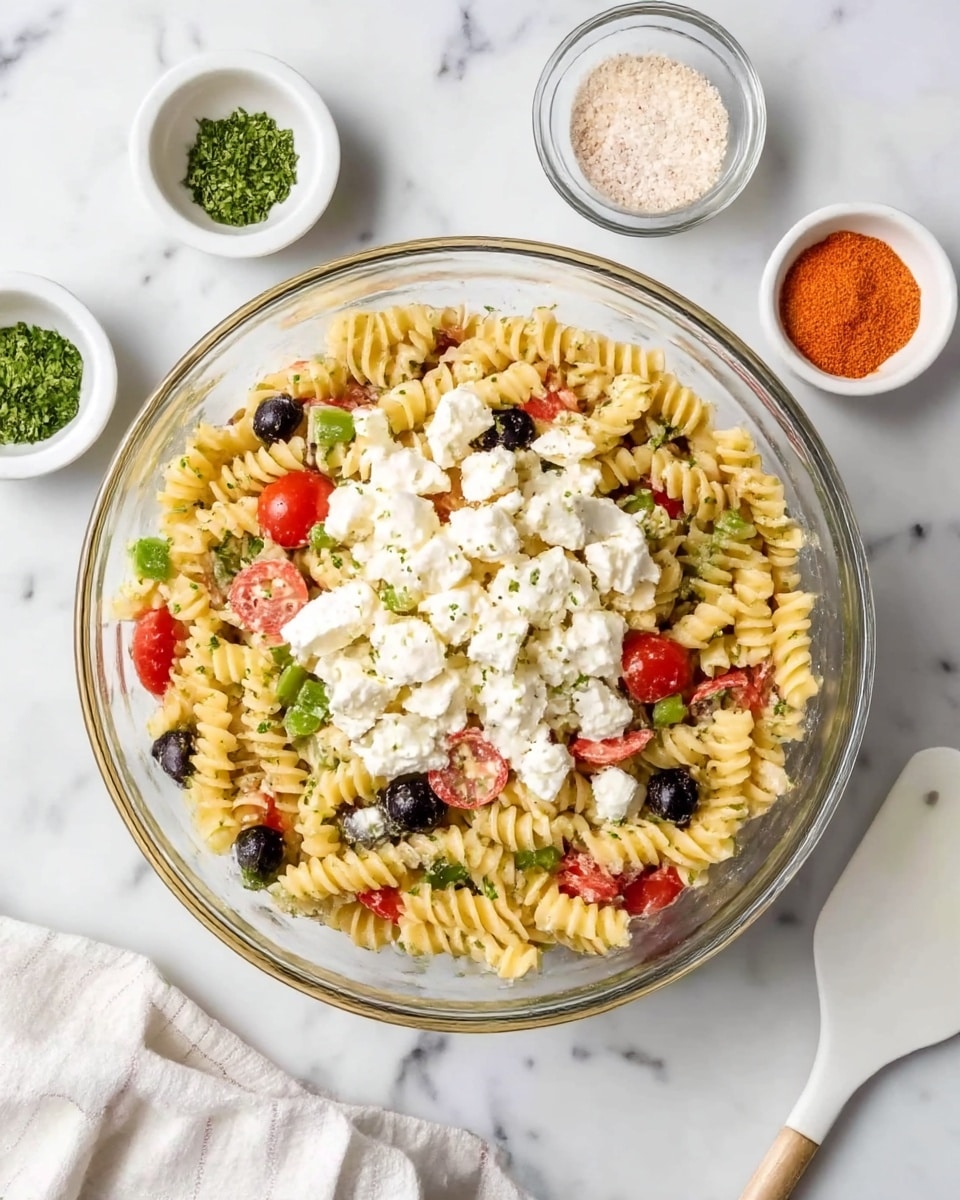 A clear glass bowl filled with a pasta salad sits on a white marbled surface. The bottom layer is light yellow rotini pasta mixed with green chopped herbs, red cherry tomato halves, black olives, and pieces of green bell pepper. On top, a generous layer of white soft cheese chunks is spread across the pasta. Around the bowl, there are small white bowls with green herbs, white granulated seasoning, and an orange powder, along with a white cloth and white spatula nearby. Photo taken with an iphone --ar 4:5 --v 7