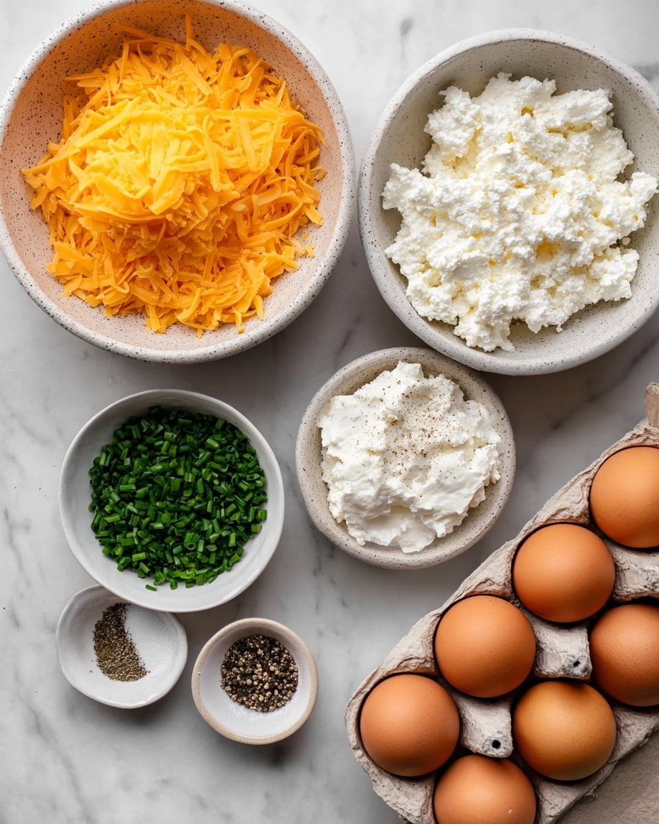 The image shows a top view of several ingredients placed on a white marbled surface. There is a white speckled bowl filled with bright orange shredded cheddar cheese at the top center. Below it, a similar bowl holds white cottage cheese with a slightly lumpy texture. To the right, an open carton contains eight brown eggs with smooth shells. Near the bottom center, a small white bowl contains finely chopped green chives, and next to it, two tiny white bowls hold black pepper and coarse salt, adding contrast with their textured contents. photo taken with an iphone --ar 4:5 --v 7
