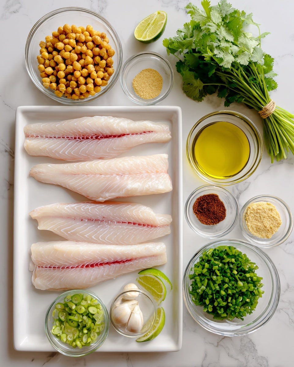 The image shows four raw fillets of barramundi fish placed neatly on a white rectangular tray, each fillet light pink and white with red lines near the center. Surrounding the tray on a white marbled surface are small clear glass bowls holding different ingredients: golden brown roasted chickpeas; pale yellow Dijon mustard; light tan panko breadcrumbs; deep brown curry powder; creamy white mayonnaise; light green lime zest with clear lime juice; bright green chopped scallion; two white garlic cloves; chopped green pickled jalapeno; a bundle of fresh green cilantro with a band around the stalks; and a clear bowl with golden olive oil. Everything is arranged in a tidy and organized way, emphasizing the colors and textures of each item photo taken with an iphone --ar 4:5 --v 7