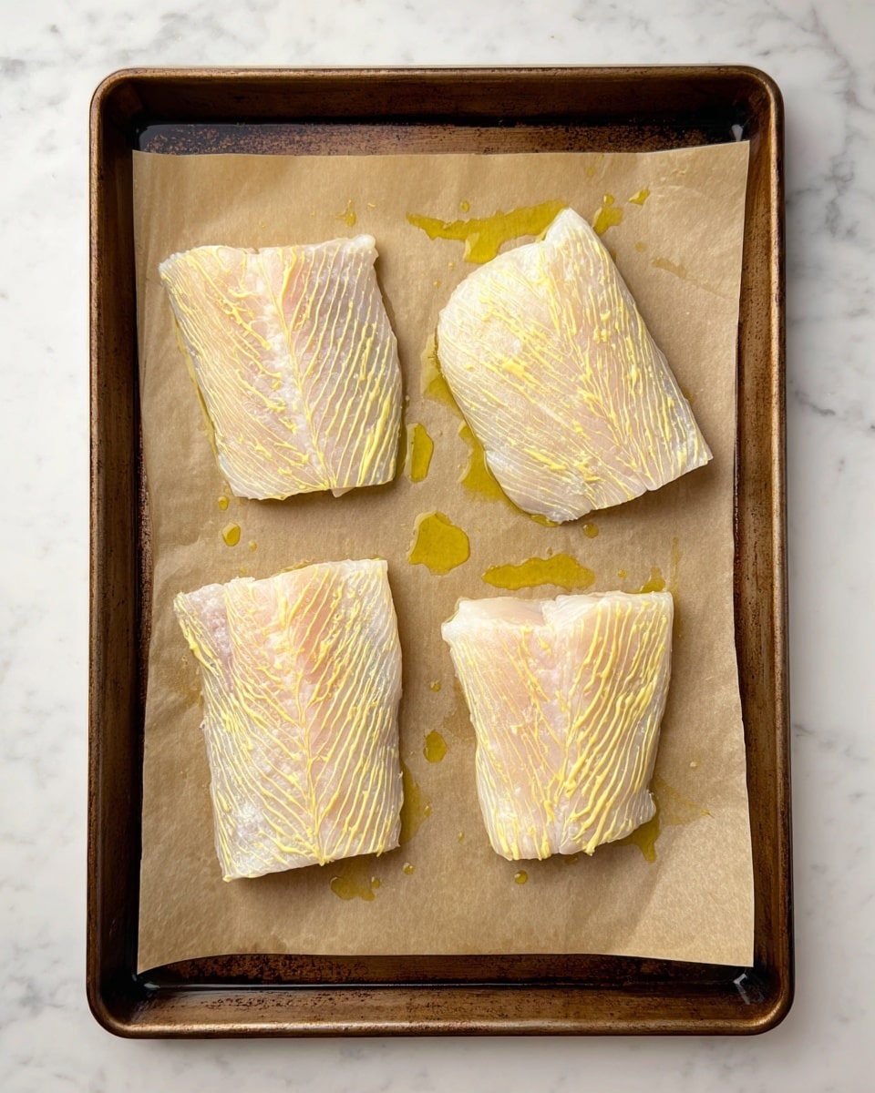 There is a dark metal baking tray lined with light brown parchment paper placed on a white marbled surface. On the tray, four raw fish fillets are arranged in two rows of two. Each fish fillet is covered with a light yellow creamy sauce that has visible texture lines running across the fillets horizontally. Small drops of olive oil are scattered unevenly around the fish on the parchment paper. photo taken with an iphone --ar 4:5 --v 7