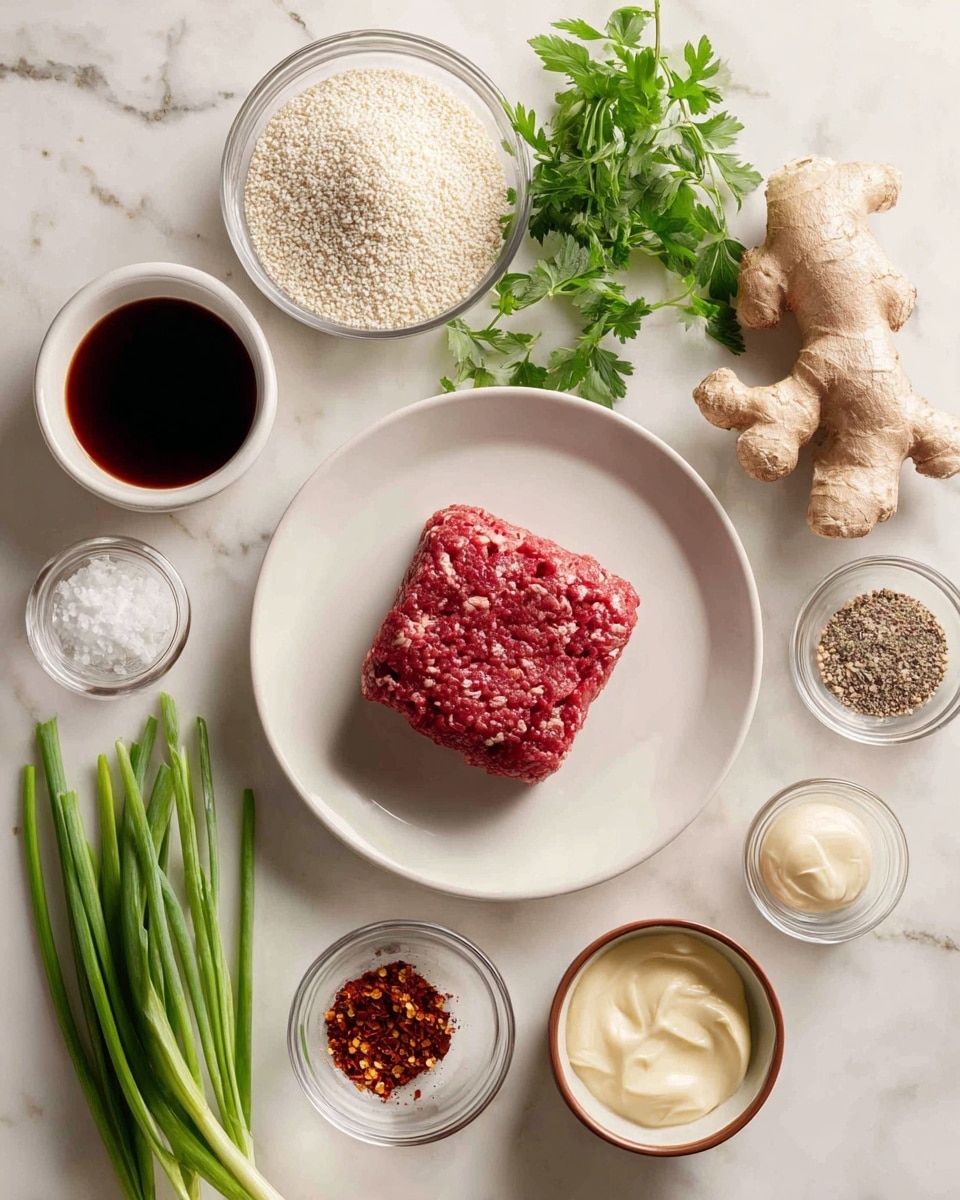 The image shows a white plate in the center with a square-shaped raw ground beef patty that has a red color and a moist texture, with some red juice visible around it. To the top left of the plate is a small white bowl filled with dark brown soy sauce, next to a white bowl with light beige panko bread crumbs that have a rough, grainy look. Above the plate near the center is a small clear glass bowl of thick white sour cream with a smooth texture. To the top right are green leafy parsley sprigs and two whole ginger roots that have light brown skin and knobby shapes. Near the parsley is a small brown bowl holding red pepper flakes with a coarse texture. Below the red pepper flakes is a clear glass bowl of pale yellow mayo with a creamy texture. To the bottom center right is a small white bowl containing salt and black pepper mixed together. To the bottom left of the plate is a small clear bowl with white sesame seeds and on the far left are fresh green scallions with white bases and long green tops, all placed on a surface with white marbled texture. Photo taken with an iphone --ar 4:5 --v 7