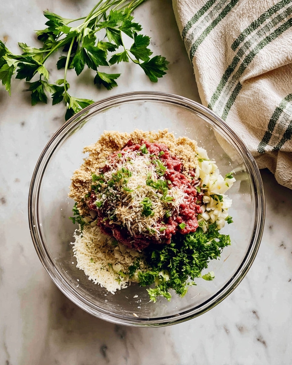 A clear glass bowl sits on a white marbled surface, filled with several layers of ingredients. At the base, there are finely chopped light beige pieces that look like garlic or onion. Above this, a mound of deep red, raw ground meat is visible. On top of the meat, there are light brown breadcrumbs sprinkled around, along with grated white cheese and small pieces of chopped green herbs, likely parsley. Some whole green parsley sprigs lie next to the bowl, and a beige and green striped cloth is casually folded at the top right corner. The image has soft natural light and looks fresh and clean. photo taken with an iphone --ar 4:5 --v 7