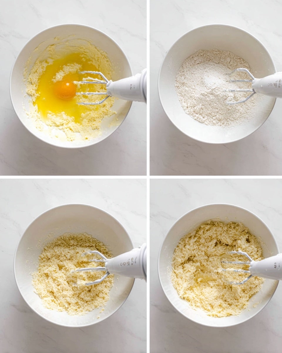 Three side-by-side photos show the stages of making dough in a white bowl on a white marbled surface. The first photo shows creamy yellow butter and sugar mixed with an egg sitting in the middle, with a white electric mixer’s beaters inside. The second photo shows white flour added on top of the butter and egg mixture, and the mixer beaters starting to blend the ingredients. The third photo shows the flour and butter mixture turned into a crumbly texture, with the beaters resting inside the bowl. Photo taken with an iphone --ar 4:5 --v 7