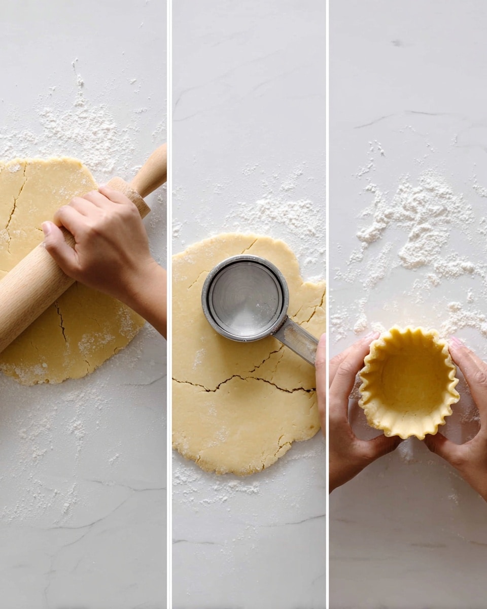 The image shows three steps of making dough on a white marbled surface. The first part has a round piece of dough being rolled flat with a wooden rolling pin held by a woman's hand, with flour dusted on the surface. The second part shows the dough flattened and cracked around the edges, with a round metal cutter placed on top and a woman's hand lifting the cutter carefully. The third part shows a woman's hands shaping the dough inside a small cup-like form, forming an edge around the dough. Photo taken with an iphone --ar 4:5 --v 7