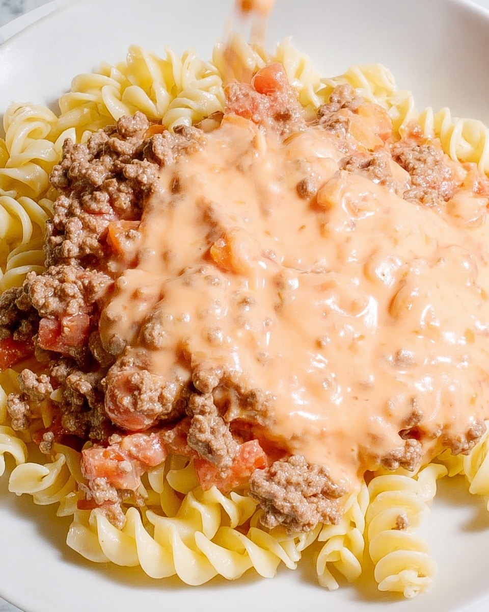 The image shows a close-up of a white plate with three layers. The bottom layer is a bed of curly pale yellow pasta with a smooth texture. Above this is a layer of browned ground meat chunks scattered unevenly. The top layer is a light orange creamy sauce with small bits of tomatoes, being poured over the meat and pasta, creating a wet and shiny texture. The plate sits on a white marbled surface. photo taken with an iphone --ar 4:5 --v 7