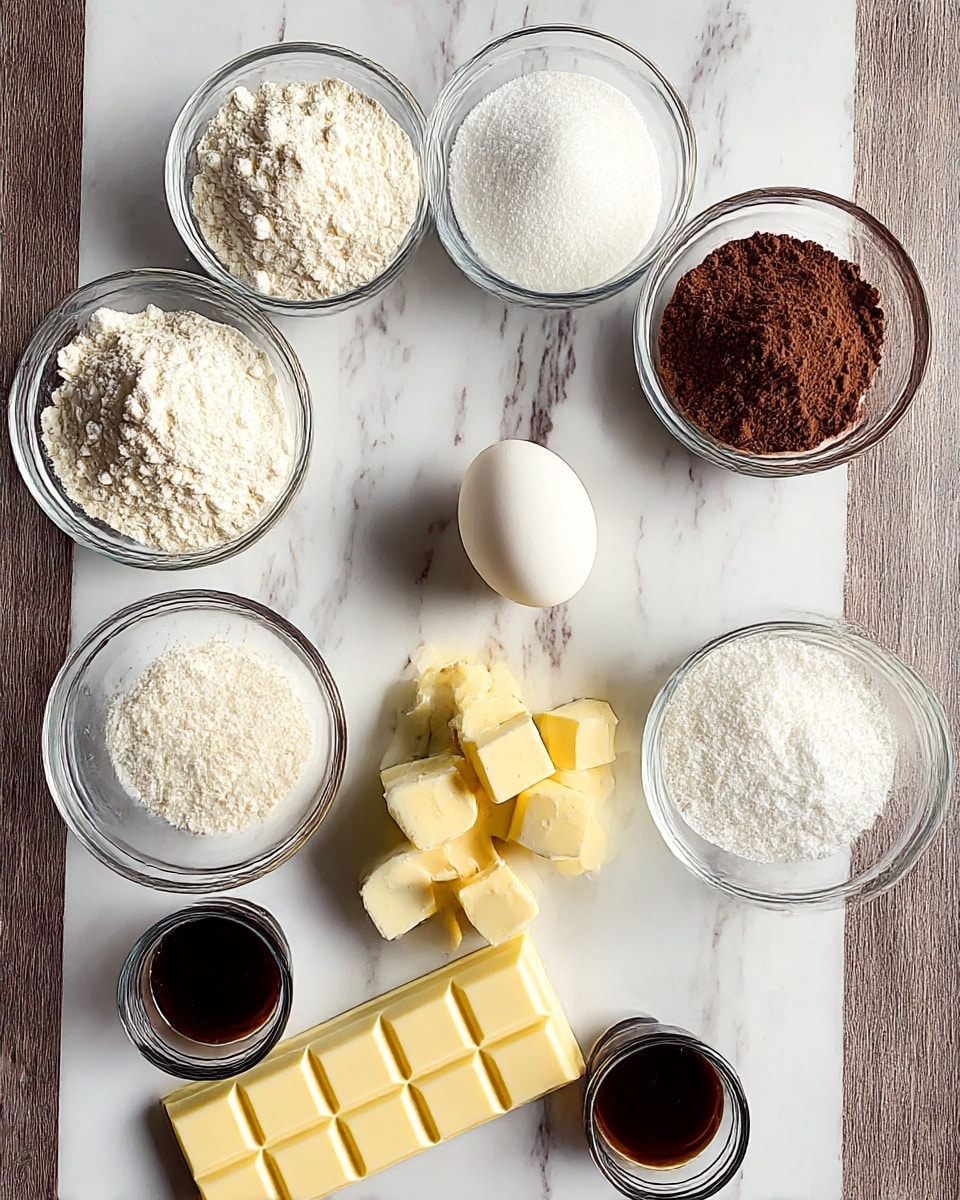The image shows a collection of baking ingredients arranged on a white marbled surface. There are seven glass bowls filled with different items: one with white flour, one with white granulated sugar, another with cocoa powder, one with white powdery salt and baking soda, and one with small cubes of pale yellow butter. In the middle of the setup lies a single white egg. A whole bar of pale yellow white chocolate is also placed on the surface, along with two small glass containers holding dark brown and black liquids, likely vanilla and another flavoring. The arrangement displays all the ingredients neatly, ready for baking. Photo taken with an iphone --ar 4:5 --v 7