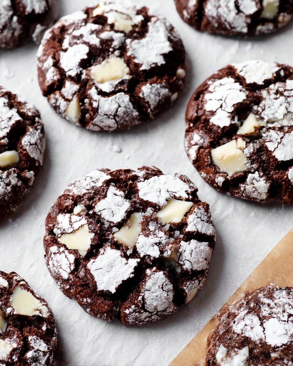 The image shows several round chocolate cookies dusted with white powdered sugar that has cracked in places, revealing dark brown chocolate beneath. Each cookie has irregular patches of white spots on the surface, and some have pieces of white chocolate embedded on top. The cookies are laid out on a white marbled textured surface, with a light brown edge visible at the bottom right corner. The overall look is rustic and homemade, with a contrast between the powdery white sugar and the dark chocolate cookie base. photo taken with an iphone --ar 4:5 --v 7