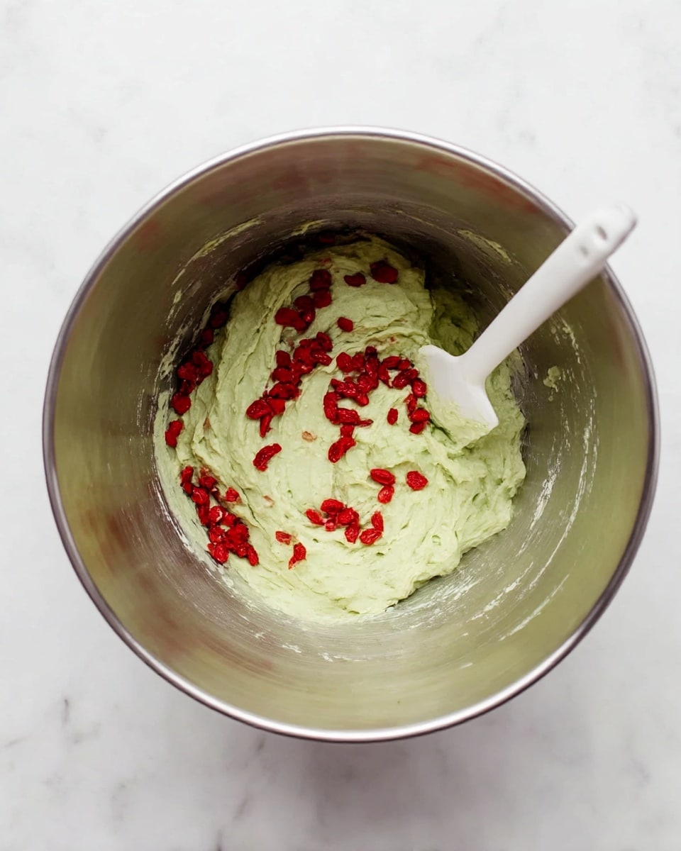 Inside a metal mixing bowl on a white marbled surface, there is a thick, creamy light green dough spread in a rough circular mound. Scattered on top of this dough are small, bright red, chopped pieces evenly spread mainly in the center and a little on the sides. A white spatula with a long handle rests inside the bowl, touching the dough on the right side. Photo taken with an iphone --ar 4:5 --v 7