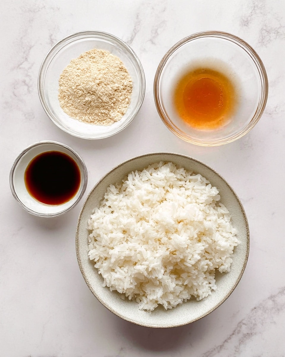 A close-up top view of a round bowl filled with fluffy white rice placed at the bottom center of the image on a white marbled surface. Above the bowl, there are three small clear glass and white ceramic bowls arranged in a triangle: the top bowl contains light beige powder, the left bowl holds a dark brown liquid, and the right bowl has a light amber liquid. All bowls are neatly placed with clear visibility of their contents. Photo taken with an iphone --ar 4:5 --v 7