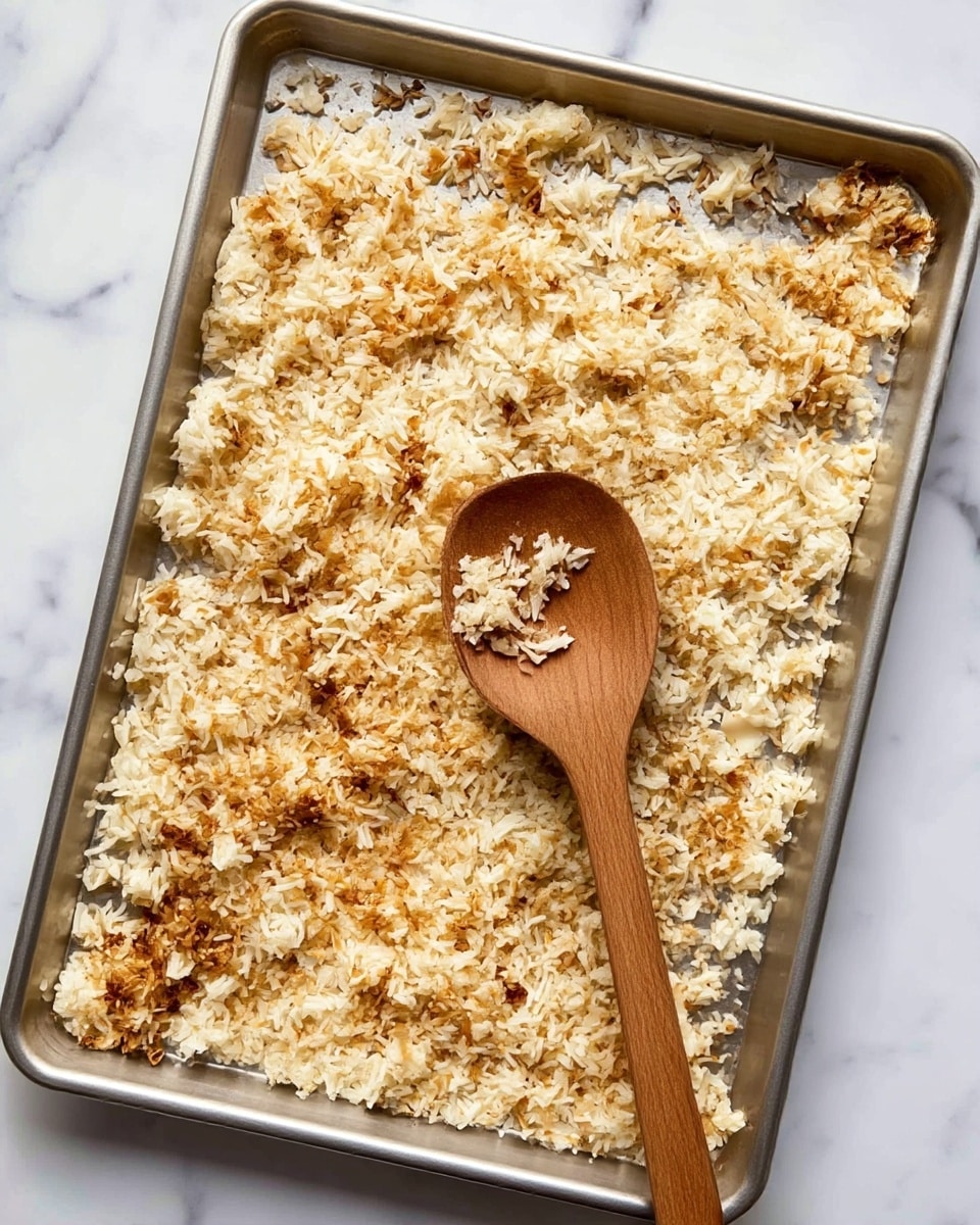The image shows a metal baking tray placed on a white marbled surface, covered with scattered cooked rice that has toasted golden brown parts giving it a slightly crispy look. On top of the rice, there is a wooden spoon with a rounded head and a long handle resting diagonally, with some grains stuck to it. The rice is spread unevenly, with some clumps and more toasted areas near the center, blending from white to golden brown. The tray fills the majority of the frame. Photo taken with an iphone --ar 4:5 --v 7