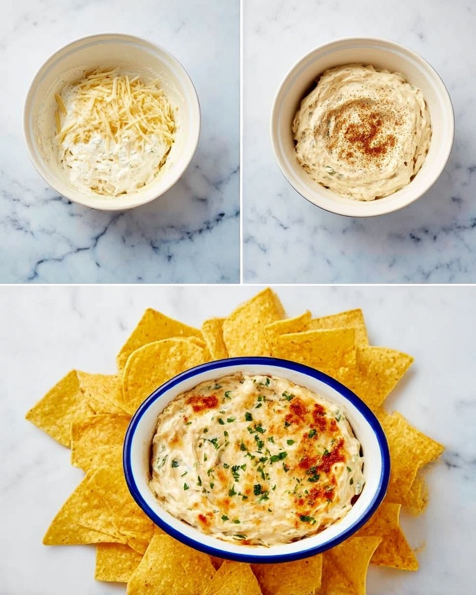 The image shows four steps of a creamy dip being made and served. In the first step, a white bowl contains white cream and chunks of shredded light yellow cheese. The second step shows the mixture whipped smooth and topped with a sprinkle of brown seasoning in the middle. The third step shows the mixture fully combined with small green herbs mixed inside, filling the white bowl. The last step presents the dip served in a white bowl with a blue rim, toasted golden brown on the top with green herbs sprinkled over it. The bowl sits on a bed of square yellow corn chips arranged around it on a white marbled surface. photo taken with an iphone --ar 4:5 --v 7