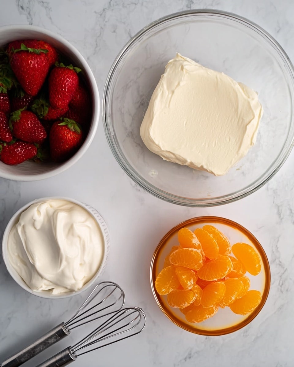 The image shows a top view of a transparent glass bowl on a white marbled surface, containing one smooth layer of cream cheese, which is off-white and spread flat inside the bowl. Next to it on the left, there is a white bowl filled with fresh red strawberries at the bottom and a small transparent amber glass bowl filled with bright orange mandarin slices placed on top of the strawberries. In the lower left corner, there is an open container of white marshmallow creme with a smooth texture inside. Two silver metal beaters are placed above the glass bowl on the white marbled surface. Photo taken with an iphone --ar 4:5 --v 7