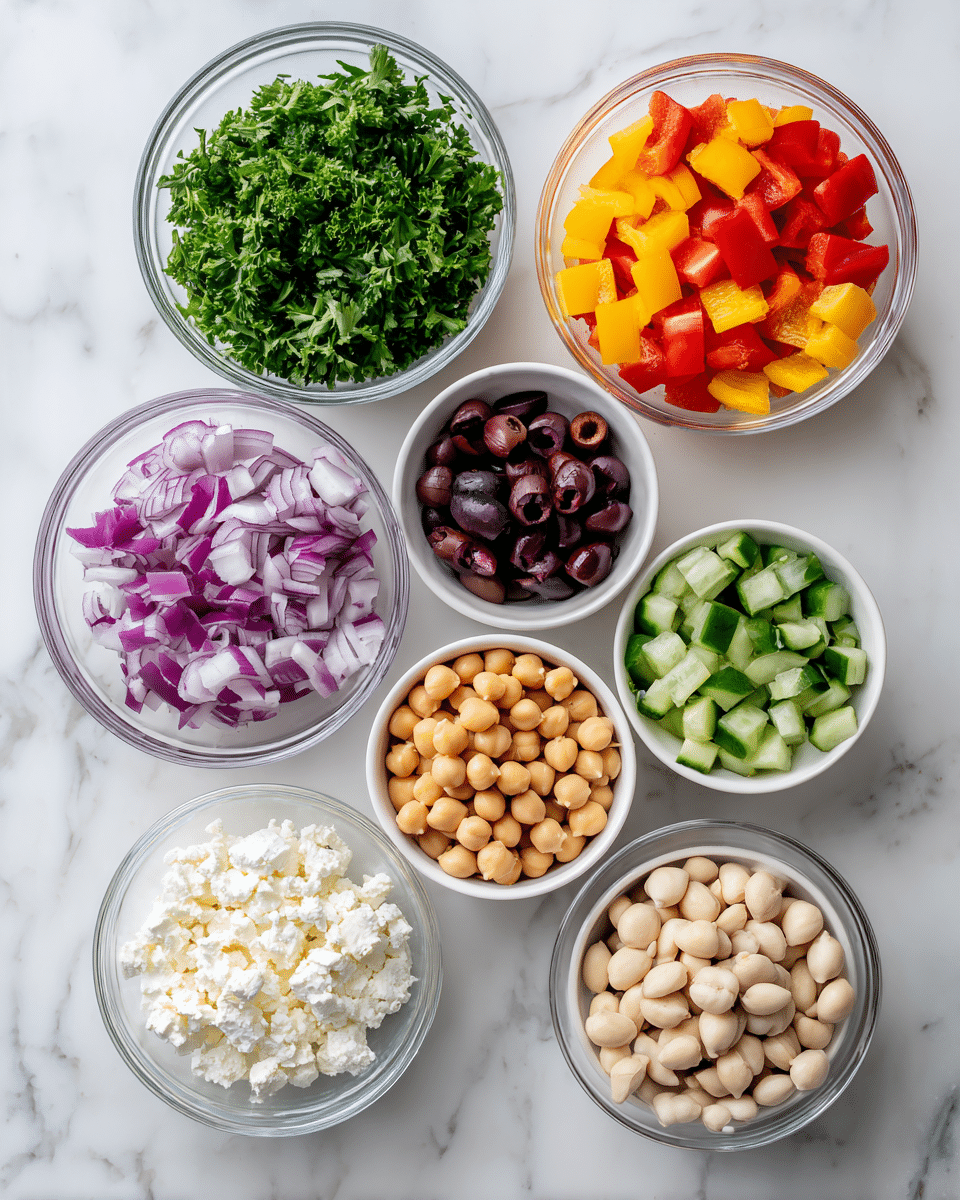 The image shows seven small transparent and white bowls placed on a white marbled surface, each holding a different ingredient. Starting from the top left, there is a transparent bowl with fresh green parsley leaves, next to it on the right is a transparent bowl filled with bright red and yellow diced bell peppers. Below the parsley, a white bowl is filled with round beige chickpeas, and to its right, a transparent bowl contains dark purple Kalamata olives sliced in rounds. At the bottom left, a white bowl holds finely diced purple and white red onion, next to it on the right is a transparent bowl with chopped green and white cucumber pieces. Below the cucumber, a white bowl contains white vegan feta cheese crumbles, and finally, a white bowl with smooth light beige navy beans is placed to the right of the vegan feta. The bowls are arranged in a roughly circular pattern over the white marbled background. Photo taken with an iphone --ar 4:5 --v 7