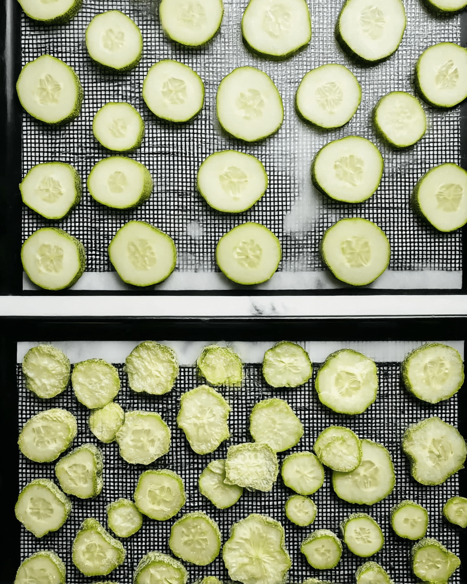 The image shows two layers of cucumber slices on black mesh trays. The top layer has thick, pale green cucumber slices with smooth edges, closely spread out in a grid pattern against a white marbled surface. The bottom layer has much thinner, smaller cucumber slices that are irregular in shape, showing more detail of the seeds and edges, also arranged sparsely on a black mesh tray above the same white marbled surface. The two trays are separated by a thin white line. photo taken with an iphone --ar 4:5 --v 7