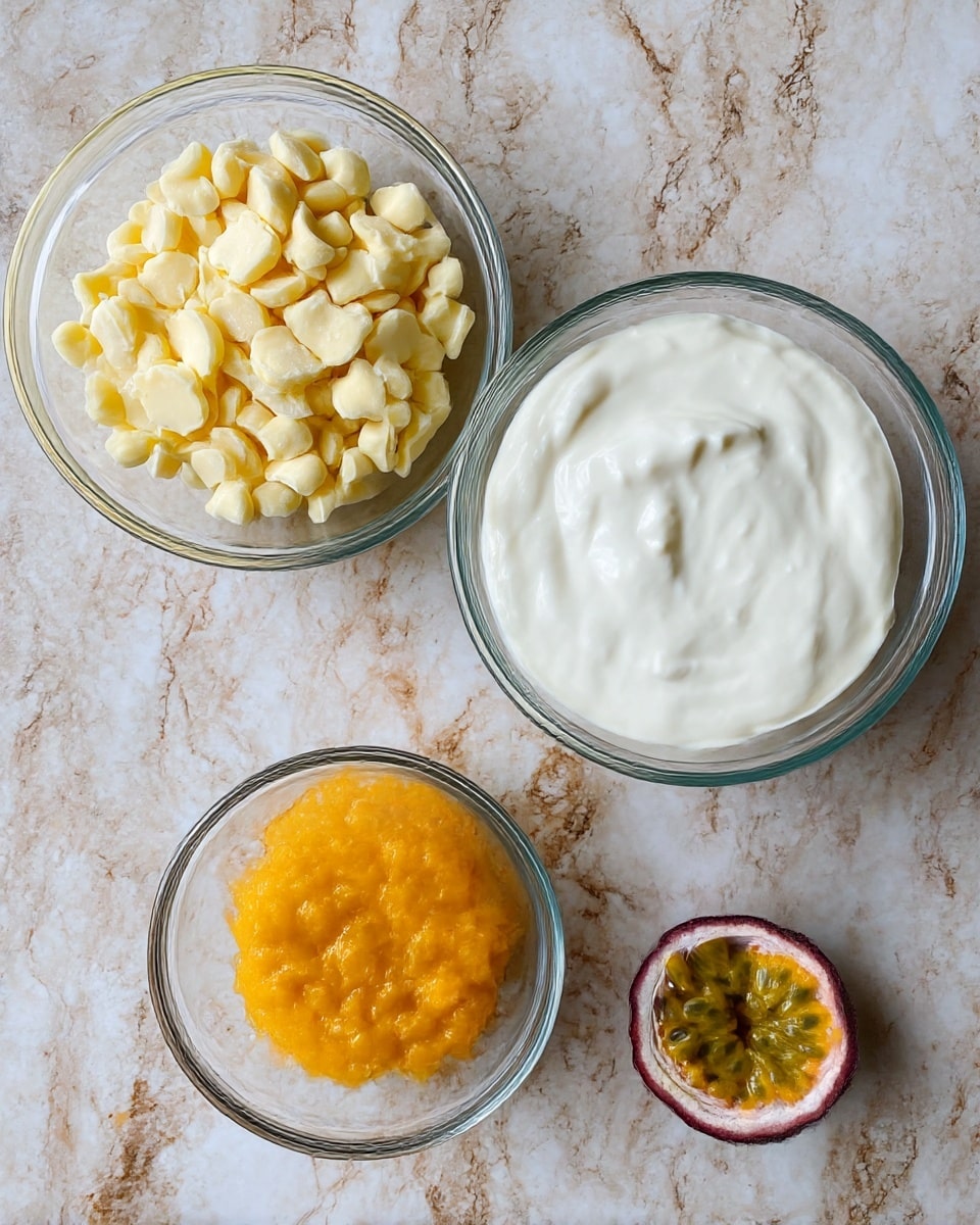 The image shows four main items arranged on a white marbled surface: a clear glass bowl filled with small, pale yellow chips positioned at the top left; a larger clear glass bowl with a smooth, thick white cream or yogurt centered to the right; a small clear glass bowl containing bright yellow-orange chunky sauce placed at the bottom left; and a halved passion fruit with dark seeds and orange pulp placed right next to the bowl of sauce. The colors range from creamy white to vibrant yellow and orange, with the passion fruit adding a natural, textured detail. Photo taken with an iphone --ar 4:5 --v 7
