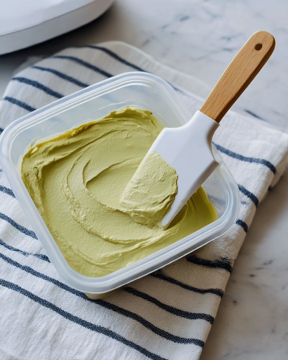 A clear square container filled with a smooth, creamy light green paste is shown, with a white spatula having a wooden handle resting inside, spreading the paste evenly. The container sits on a white cloth with dark blue stripes, placed on a white marbled surface. A white appliance is partially visible on the left side of the image. Photo taken with an iphone --ar 4:5 --v 7