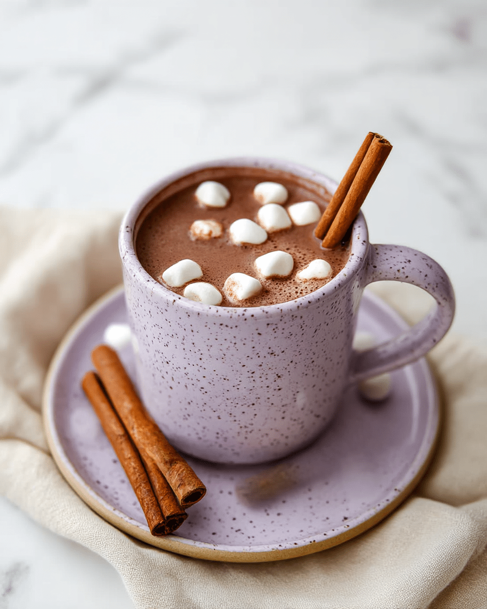 A close-up of a light purple speckled ceramic cup filled with rich brown hot chocolate, topped with small white marshmallows scattered on the surface and a cinnamon stick resting inside the cup on the right side; the cup sits on a matching light purple speckled saucer holding two cinnamon sticks, all placed on a soft beige cloth over a white marbled surface. Photo taken with an iphone --ar 4:5 --v 7