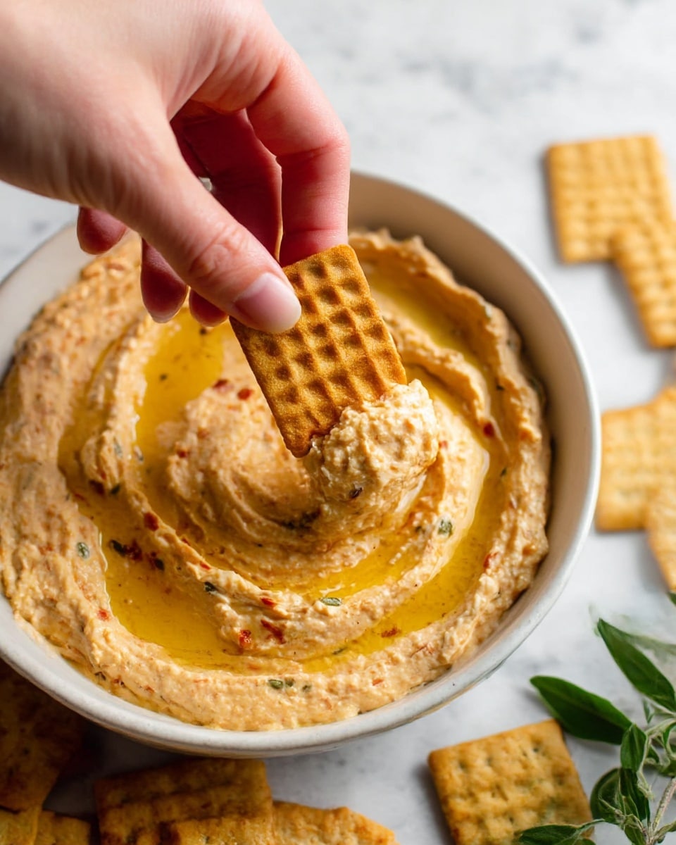 A close-up view of a white bowl filled with a creamy, light orange dip that has small green and red specks throughout. The dip has a slightly rough texture with swirls and a drizzle of golden oil on top. A woman's hand is dipping a rectangular, light brown cracker with a waffle-like pattern into the dip. Around the bowl, there are several similar rectangular crackers scattered on a white marbled surface. Some green herbs are visible near the bottom right corner for garnish. photo taken with an iphone --ar 4:5 --v 7