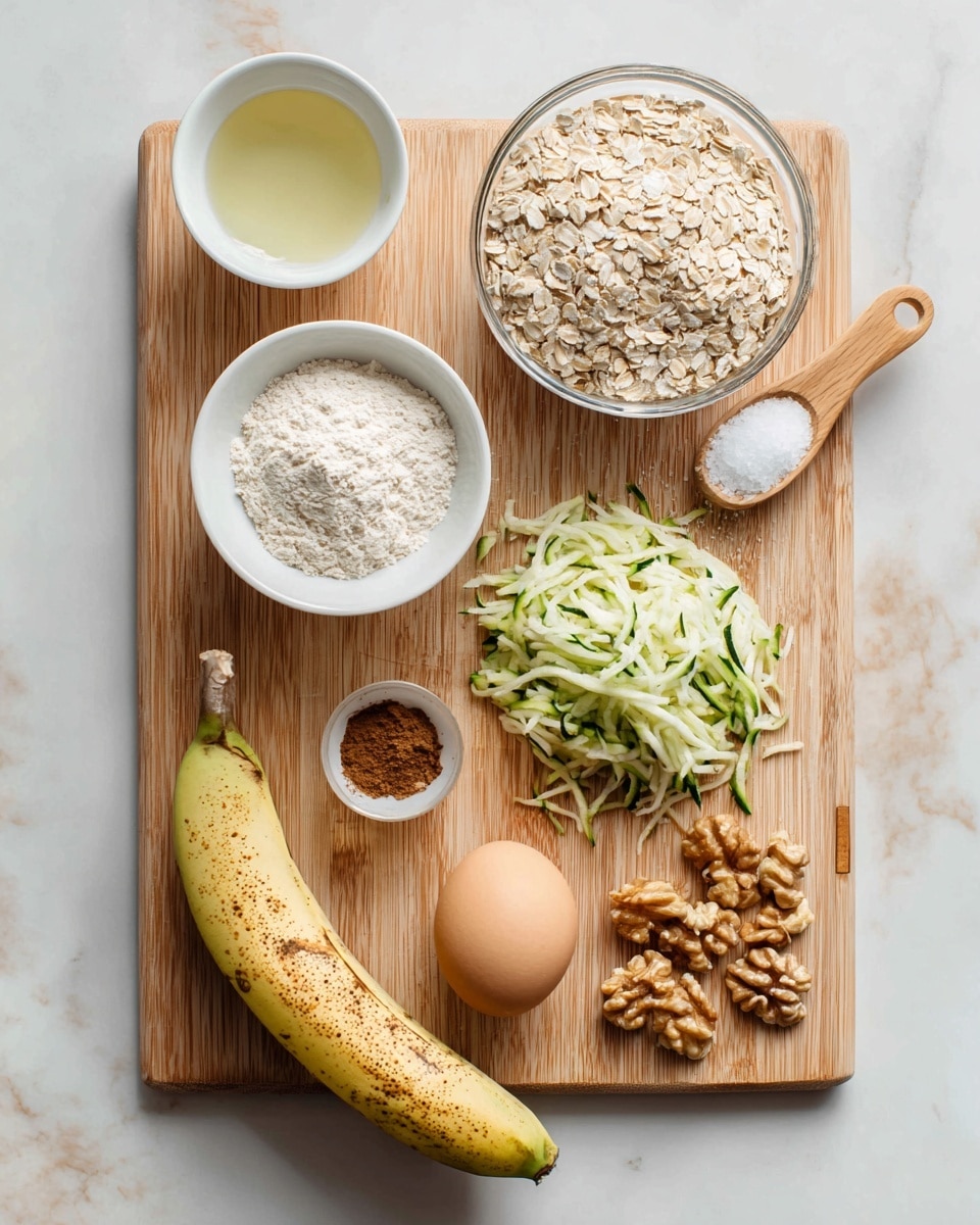 A light wooden cutting board rests on a white marbled surface, holding a collection of baking ingredients arranged neatly. At the top left is a small white bowl filled with clear coconut oil, next to a glass bowl packed with light beige oats. Below the coconut oil is a white bowl with soft spelt flour. To the right of the flour and oats is a pile of shredded green and white zucchini. A small wooden spoon filled with brown cinnamon lies diagonally between the flour and the zucchini, labeled with baking soda too. At the bottom left of the board is a ripe, brown-spotted banana, with a smooth brown egg placed beside it. On the right, a small cluster of golden-brown walnut pieces completes the ingredients. The light wood pattern and the clear labeling give the scene an organized, calm look. Photo taken with an iphone --ar 4:5 --v 7