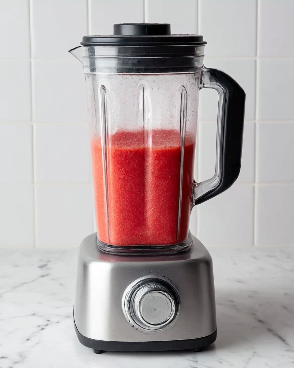 A silver blender with a clear container filled with a thick, bright red mixture sits on a white marbled countertop. The container has black handles on each side and a black lid on top. Behind the blender is a white tiled wall. The blender base has a large round control knob on the front. The scene is clean and simple with no other items visible. photo taken with an iphone --ar 4:5 --v 7