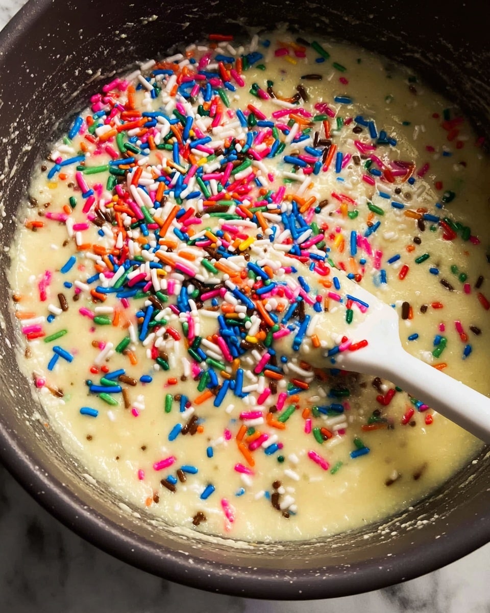 A close-up view of a bowl with thick light yellow batter inside, covered in many long, thin, colorful sprinkles in red, blue, green, pink, orange, white, and brown scattered on top and throughout the batter. A white spatula is partially submerged in the batter, slightly lifting some sprinkles on its edge. The bowl is dark-colored on the inside, and the background is a white marbled surface. Photo taken with an iphone --ar 4:5 --v 7