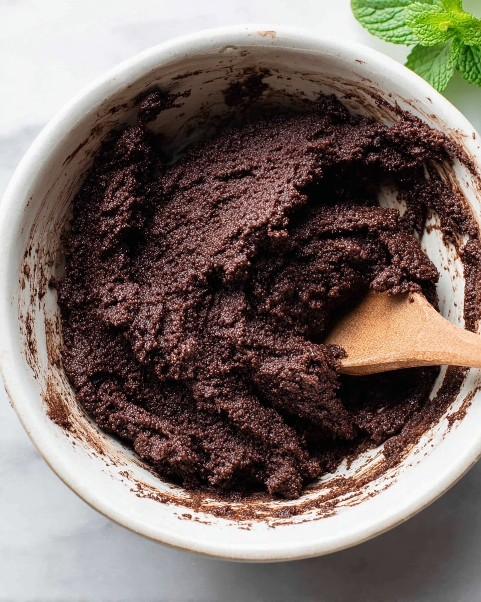 A close-up view of a white bowl filled with dark brown, thick chocolate dough with a slightly grainy texture. The dough is unevenly gathered with some small lumps, sticking to the sides of the bowl with smears of chocolate around the edges. A wooden spoon, partially visible on the right side, is resting inside the bowl, partly covered with the dough. The background is a white marbled surface with green mint leaves slightly visible around the top corners. photo taken with an iphone --ar 4:5 --v 7