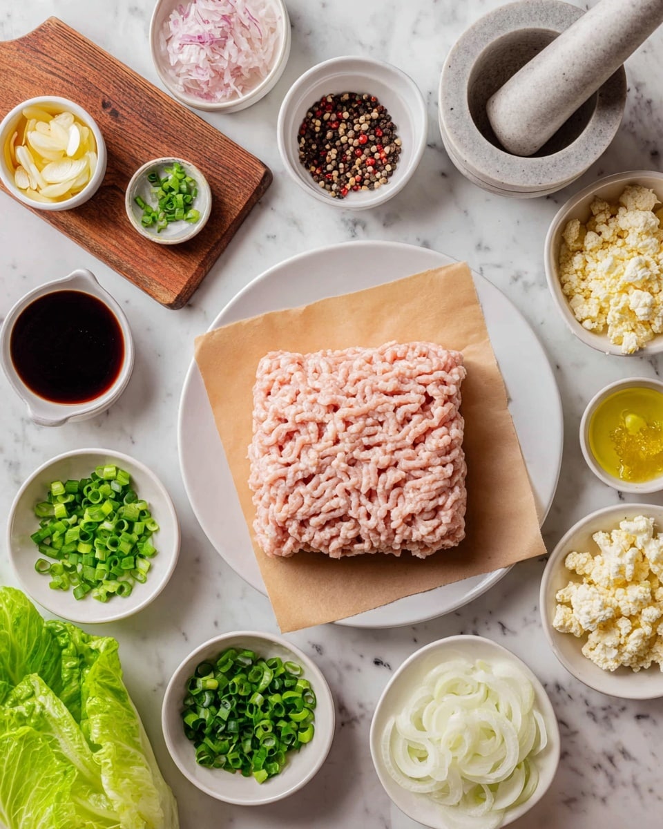 A white plate holds a block of raw ground meat with a pale pink color and soft texture, placed on brown parchment paper. Surrounding it are several small white bowls: one filled with chopped green onions, another with finely chopped light yellow cauliflower, another with dark thick sauce, one with small chopped white onions, a small wooden board with a white bowl of pink salt and a mortar with whole peppercorns, and several other small white bowls containing different sauces and minced ingredients like garlic and ginger. Fresh green lettuce leaves are on the right side. The background is a white marbled textured surface. photo taken with an iphone --ar 4:5 --v 7