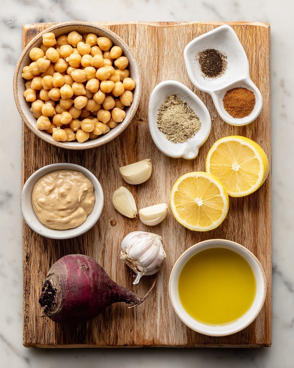 The image shows a wooden board with several ingredients neatly arranged on it. On the top left is a bowl filled with round, light yellow chickpeas. To the right, there is a small white dish holding three different spices: salt, black pepper, coriander powder, and cumin powder. Below that, another small white dish contains three cloves of garlic. On the bottom left, there is a white bowl filled with smooth beige tahini. In the center bottom is one whole, round beet with dark purple skin. Next to the beet on the right, two halves of a bright yellow lemon are placed side by side. To the bottom right, a small white bowl holds light golden olive oil. The wooden board is placed on a white marbled surface. Photo taken with an iphone --ar 4:5 --v 7