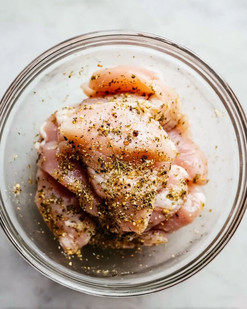 A clear glass bowl with several pieces of raw chicken seasoned with black pepper and herbs stacked together in the center. The chicken is pale pink with small green and black spice specks all over, showing a slightly moist texture. The bowl is placed on a white marbled surface with soft natural light highlighting the freshness of the chicken. photo taken with an iphone --ar 4:5 --v 7