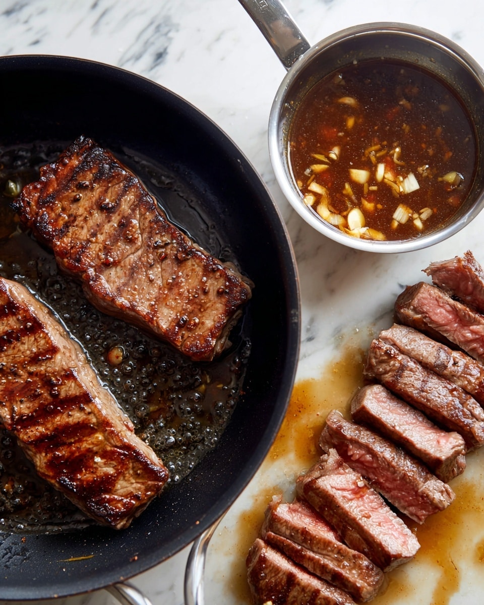 The image shows three parts: on the left, there are two pieces of cooked steak with grill marks, frying in a black pan with some oil and steam rising; in the middle, a small silver saucepan holds a brown sauce with visible chopped garlic floating in it, placed on a white marbled surface; on the right, the same steak is sliced into thick strips, showing a pink center and a browned crust, resting on the pan with some oil and meat juices around. Photo taken with an iphone --ar 4:5 --v 7