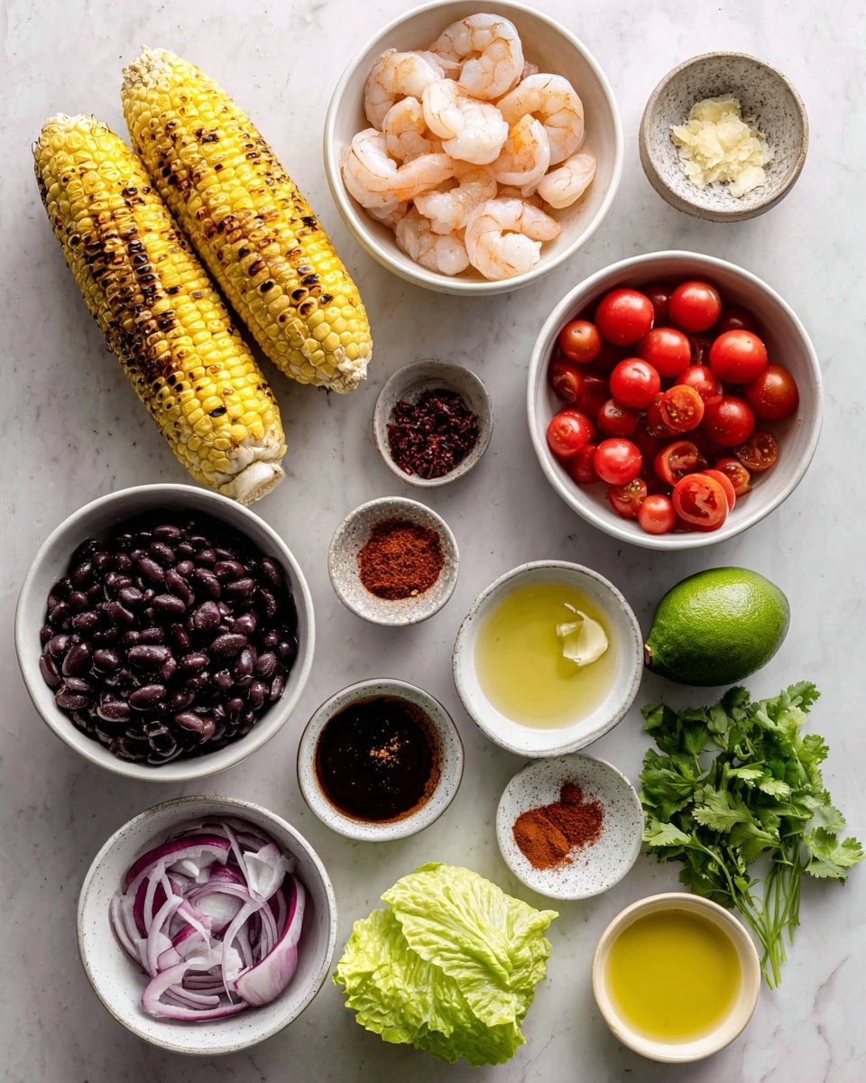 The image shows a white marbled surface with several white bowls and small plates arranged neatly, each containing different ingredients. In the center, a white bowl holds two grilled ears of corn with golden yellow color and brown grill marks. Above it, a white bowl contains pale pink shrimp with a smooth texture. To the right, a white bowl is filled with halved bright red cherry tomatoes. Below, another white bowl has black beans with a shiny surface. Small white bowls hold thinly sliced red onions, red pepper flakes, chipotle pepper in adobe sauce, minced garlic, and honey with their distinct colors and textures visible. Lime fruits and a whole dark green avocado lie directly on the white marbled surface. A crisp green leaf lettuce and fresh cilantro with green leaves and stems are placed near the bottom right. A small white bowl contains olive oil with a golden liquid inside. Photo taken with an iphone --ar 4:5 --v 7