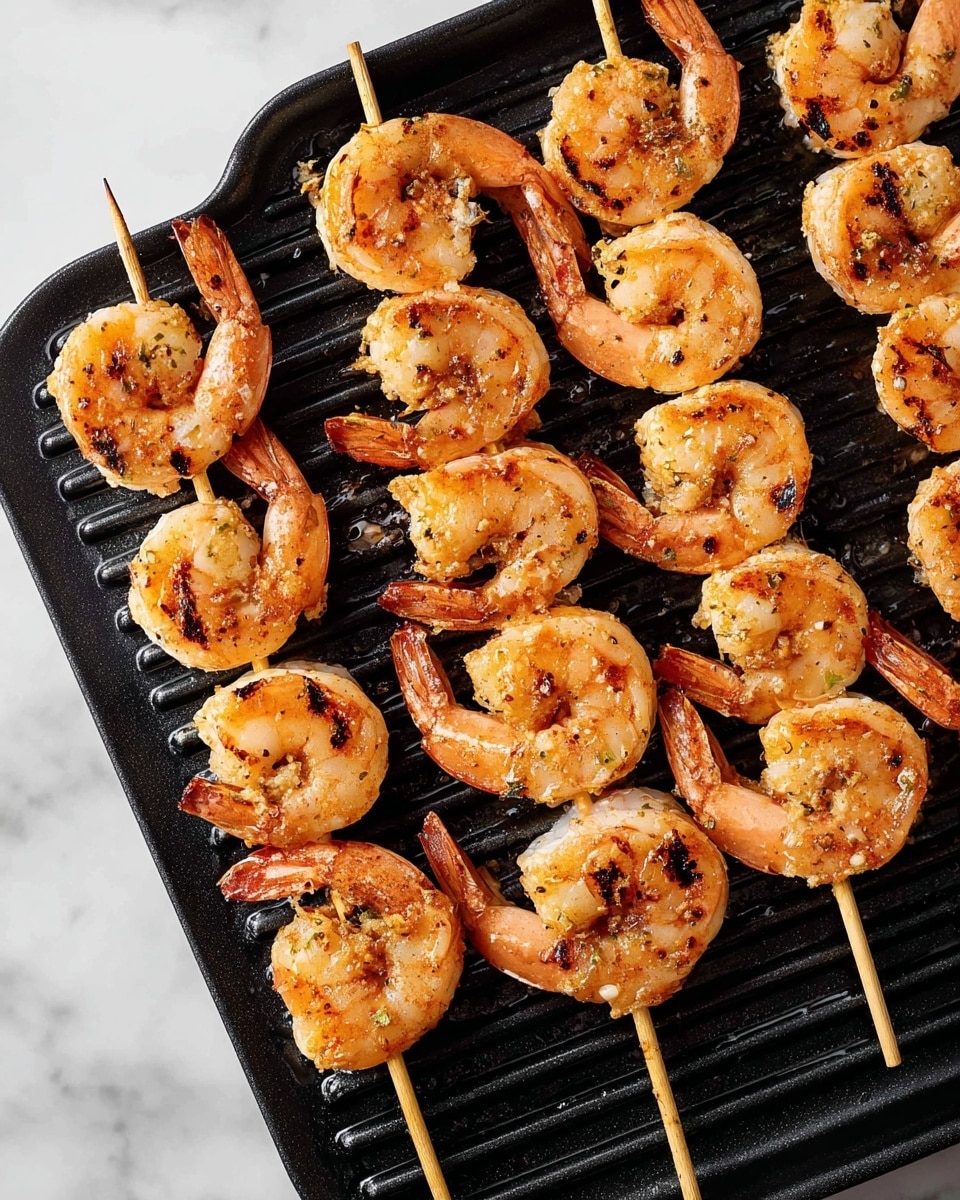 Three wooden skewers each hold four grilled shrimp, arranged in neat rows on a black ridged grill pan. Each shrimp is orange-pink with light brown char marks and a slightly shiny, textured surface. The shrimp tails curl upward and are attached, creating a contrast in color with the grilled meat. The grill pan rests on a white marbled surface. Photo taken with an iphone --ar 4:5 --v 7