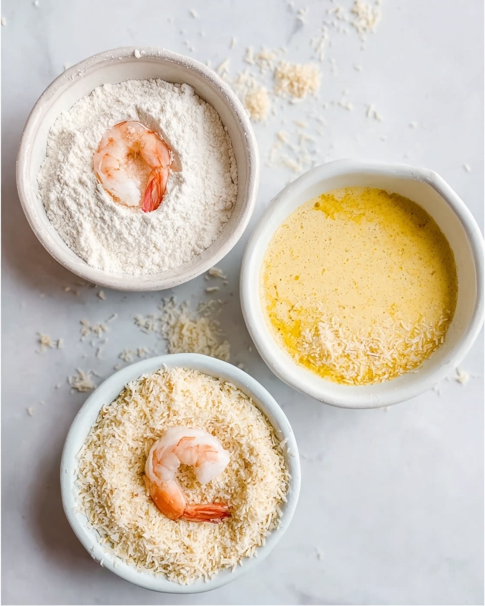 The image shows three small white bowls on a white marbled surface, each containing a different stage of breading a shrimp. The first bowl has white flour with a single pink shrimp placed in the center. The second bowl holds a yellow egg mixture with one shrimp dipped and covered in flour. The third bowl is filled with light beige shredded bread crumbs, and a single shrimp is coated and resting in the middle. The bowls are arranged close to each other to show the step-by-step process of coating the shrimp for cooking. Photo taken with an iphone --ar 4:5 --v 7