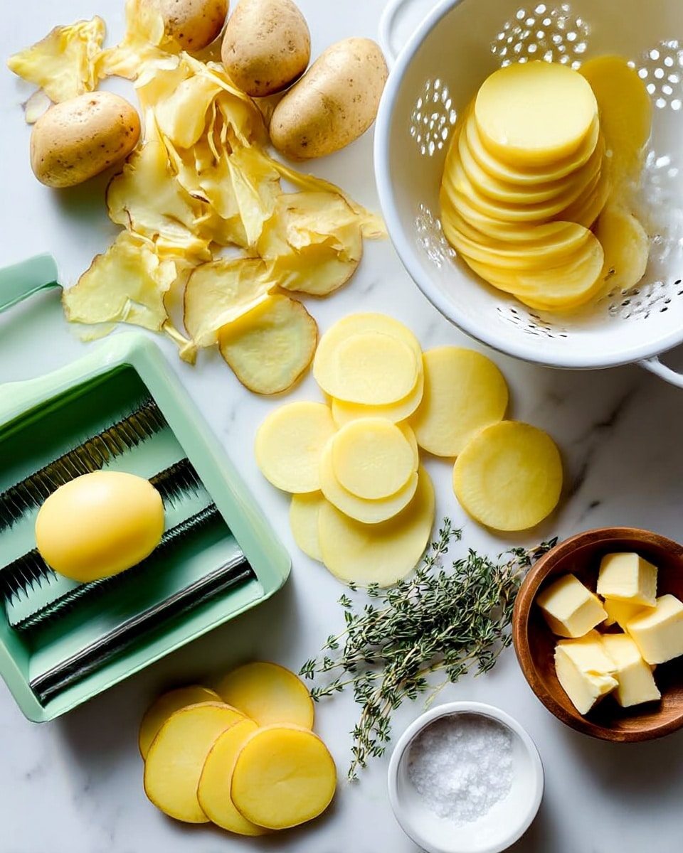 The image shows a white marbled surface with a green mandoline slicer on the left side, holding a peeled yellow potato. Around the mandoline are peeled potato skins in a rough pile. In the center, there are several peeled yellow potatoes, some whole and some thinly sliced into round pieces stacked loosely. On the right side, a white colander holds several unpeeled yellow potatoes. Below the colander are fresh green thyme sprigs spread out. Near the bottom right corner, a small white bowl filled with salt and a small wooden bowl with several chunks of butter are visible. The lighting is bright and natural, highlighting the smooth texture of the peeled potatoes and the roughness of the skins photo taken with an iphone --ar 4:5 --v 7