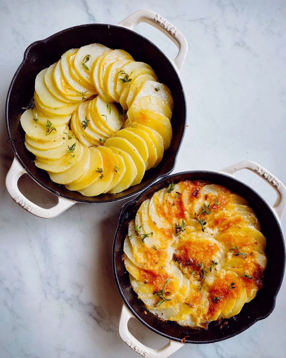 The image shows two black cast-iron skillets with white handles placed side by side on a white marbled surface. The left skillet contains thin, neatly layered slices of yellow potatoes arranged in overlapping circular layers from the edge to the center, sprinkled lightly with small green herb leaves. The right skillet has the same potato arrangement but baked, displaying a golden-brown crust on top with some caramelized edges and slightly darker spots, still topped with small green herb leaves. Both skillets showcase a simple and rustic potato dish photo taken with an iphone --ar 4:5 --v 7