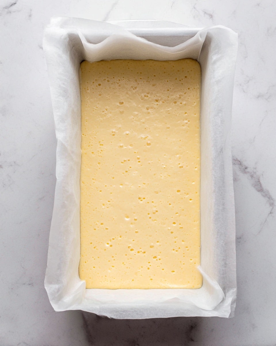 A rectangular white baking pan lined with white parchment paper holds a single layer of light yellow batter spread evenly inside. The batter surface is smooth with small bubbles scattered across, giving it a soft, airy texture. The pan is placed on a white marbled surface that adds a subtle pattern in the background. Photo taken with an iphone --ar 4:5 --v 7