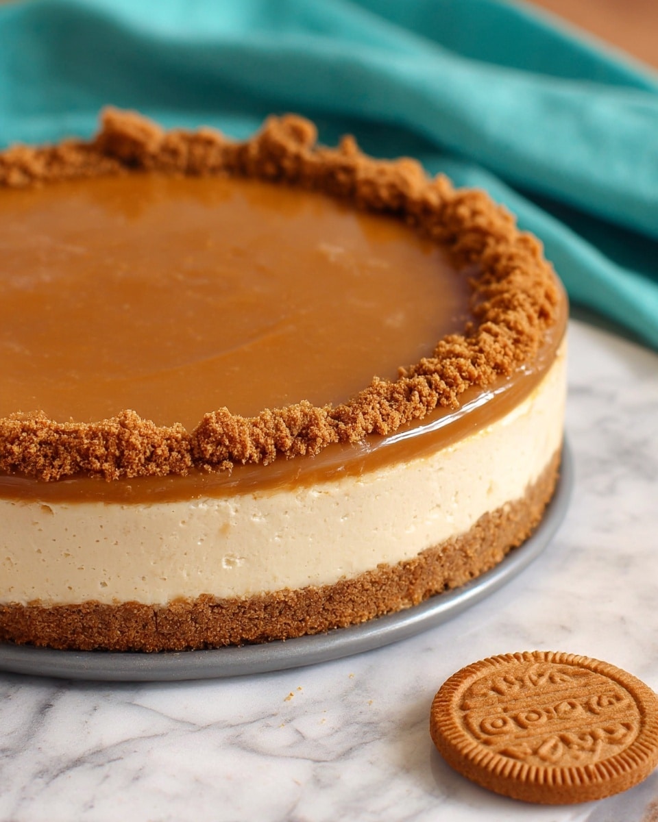 The image shows a round cheesecake with three clear layers on a white marbled surface. The bottom layer is a crumbly brown crust, the middle layer is thick and creamy in light beige color, and the top layer is a smooth, shiny caramel-colored glaze. Around the edge of the top layer, there is a ring of crumbled brown cookie pieces, adding a rough texture contrast to the smooth glaze. The cheesecake is placed on a grey cake pan base, and there is a single whole brown cookie with a patterned surface lying on the white marbled surface near the cake. The background includes a soft, folded teal fabric. Photo taken with an iphone --ar 4:5 --v 7