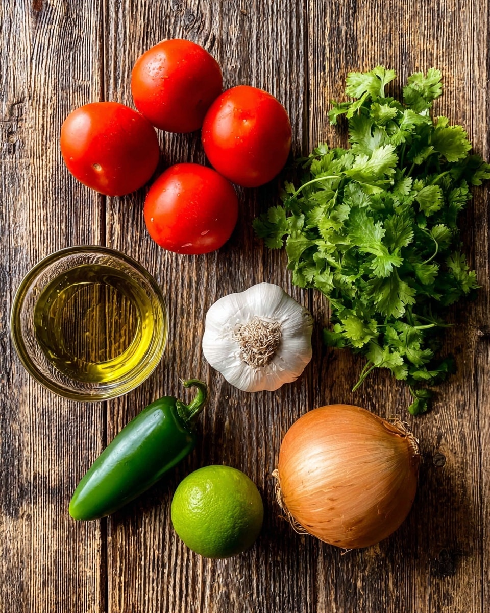 The image shows a collection of fresh ingredients arranged on a wooden surface with a visible grain pattern: three red tomatoes grouped together on the top left, a round white garlic bulb below the tomatoes, a small glass bowl filled with golden olive oil to the bottom left, a single green jalapeño pepper in the center, a bright green lime on the top right, a large round onion on the right side, and a bunch of green cilantro with vibrant leaves at the bottom right. All the ingredients are spread out with space in between, giving a clear view of each item. Photo taken with an iphone --ar 4:5 --v 7