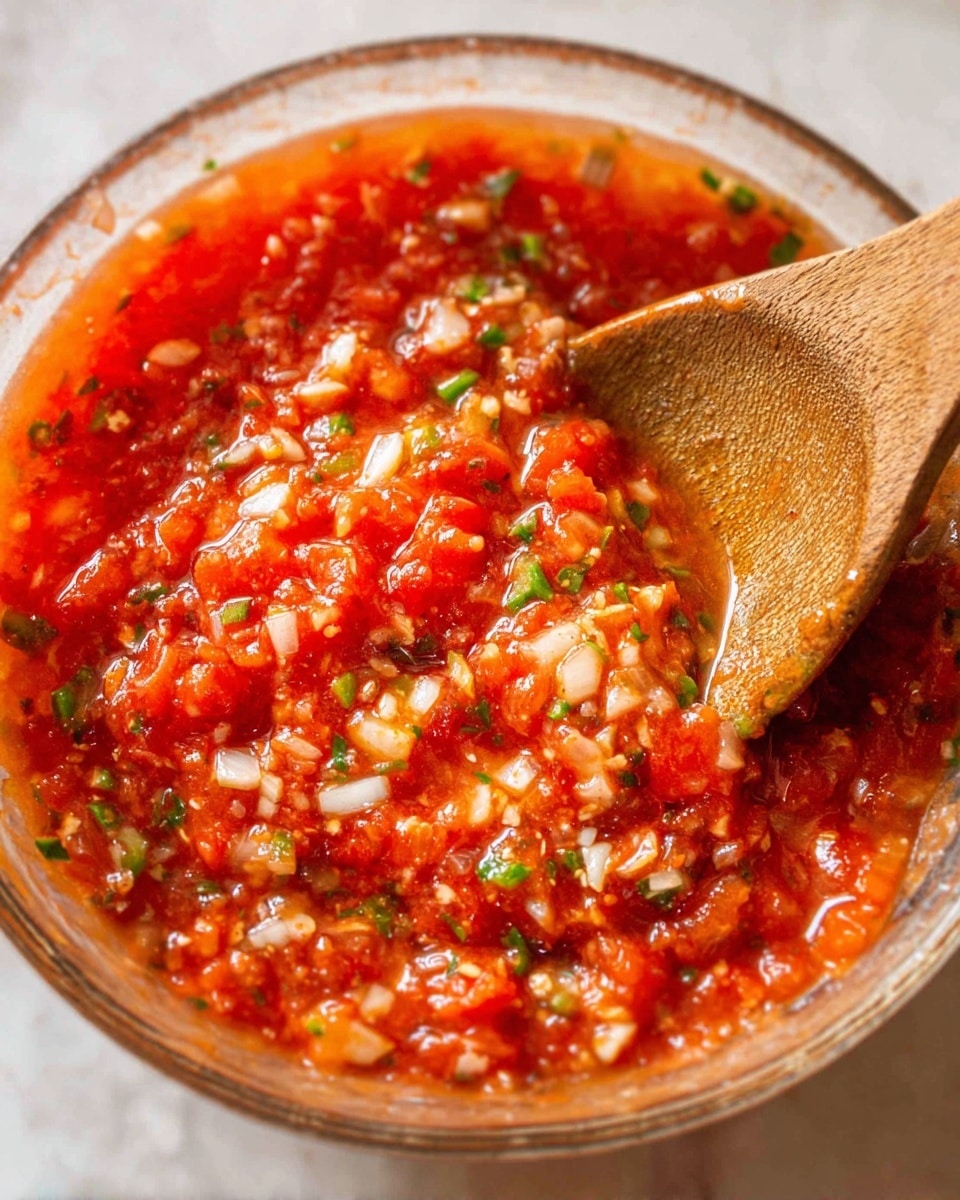 The image shows a clear bowl filled with a chunky red sauce that looks like salsa. The salsa has visible small pieces of white onion, green peppers, and finely chopped green herbs mixed in. A wooden spoon is resting inside the bowl with its edge dipped in the salsa. The bowl sits on a white marbled surface, and the texture of the salsa looks juicy and fresh with a mix of smooth and rough bits. photo taken with an iphone --ar 4:5 --v 7