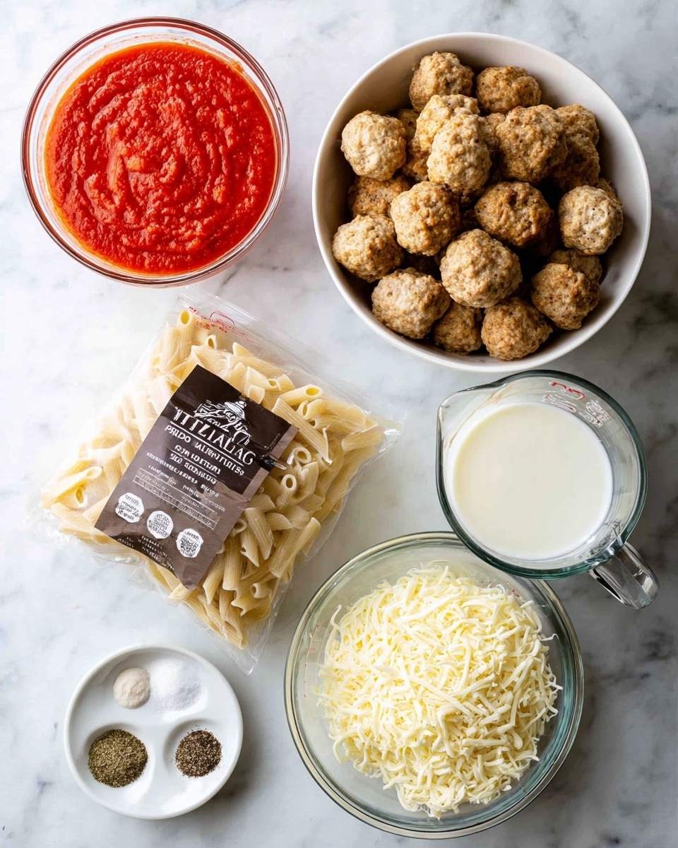 The image shows six different ingredients arranged on a white marbled surface, ready to make a pasta dish. There is a clear glass bowl filled with bright red tomato sauce on the top left, and to its right, a white bowl piled high with round, light brown meatballs. Below the sauce is an unopened package of Italian ziti pasta with a beige and black label, leaning slightly. To the right of the pasta package is a clear glass measuring cup half full of white milk. Below the measuring cup is a clear bowl filled with shredded pale yellow cheese. At the bottom left corner, a small white dish contains four spices arranged in sections: salt, black pepper, and two types of powdered seasoning. Photo taken with an iphone --ar 4:5 --v 7